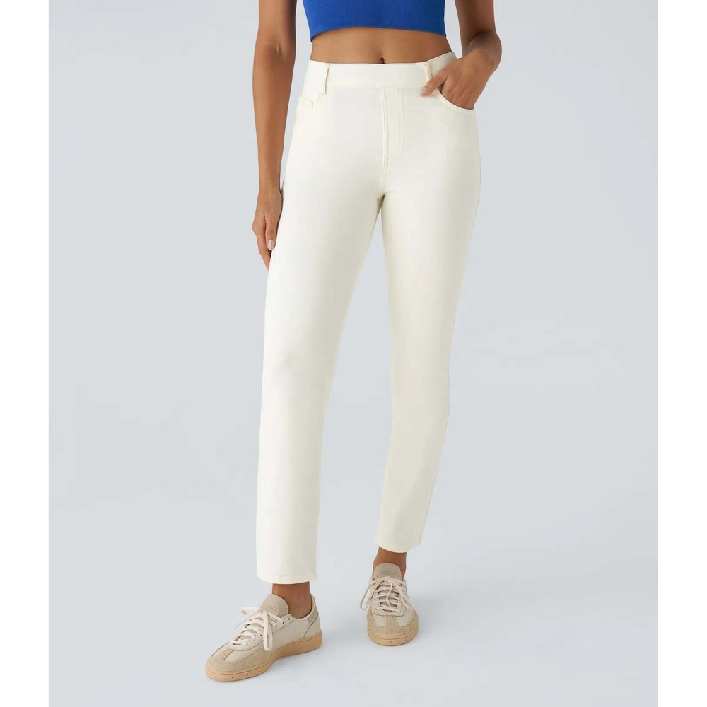 NWT Halara Flex Denim High Waisted Straight Leg Pants White Petite Medium